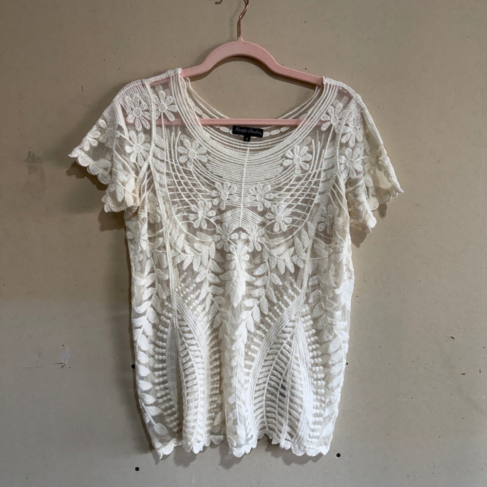 Knapp Studio Womens XL Cream Lace Sheer Floral Embroidered Boho Cotton Top